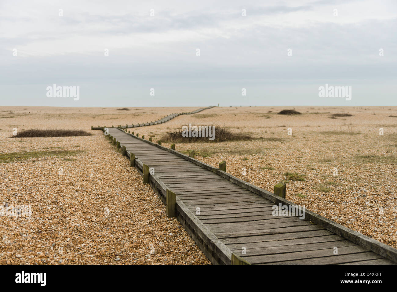 Wooden board walk Dungeness beach, Kent, England, UK Stock Photo