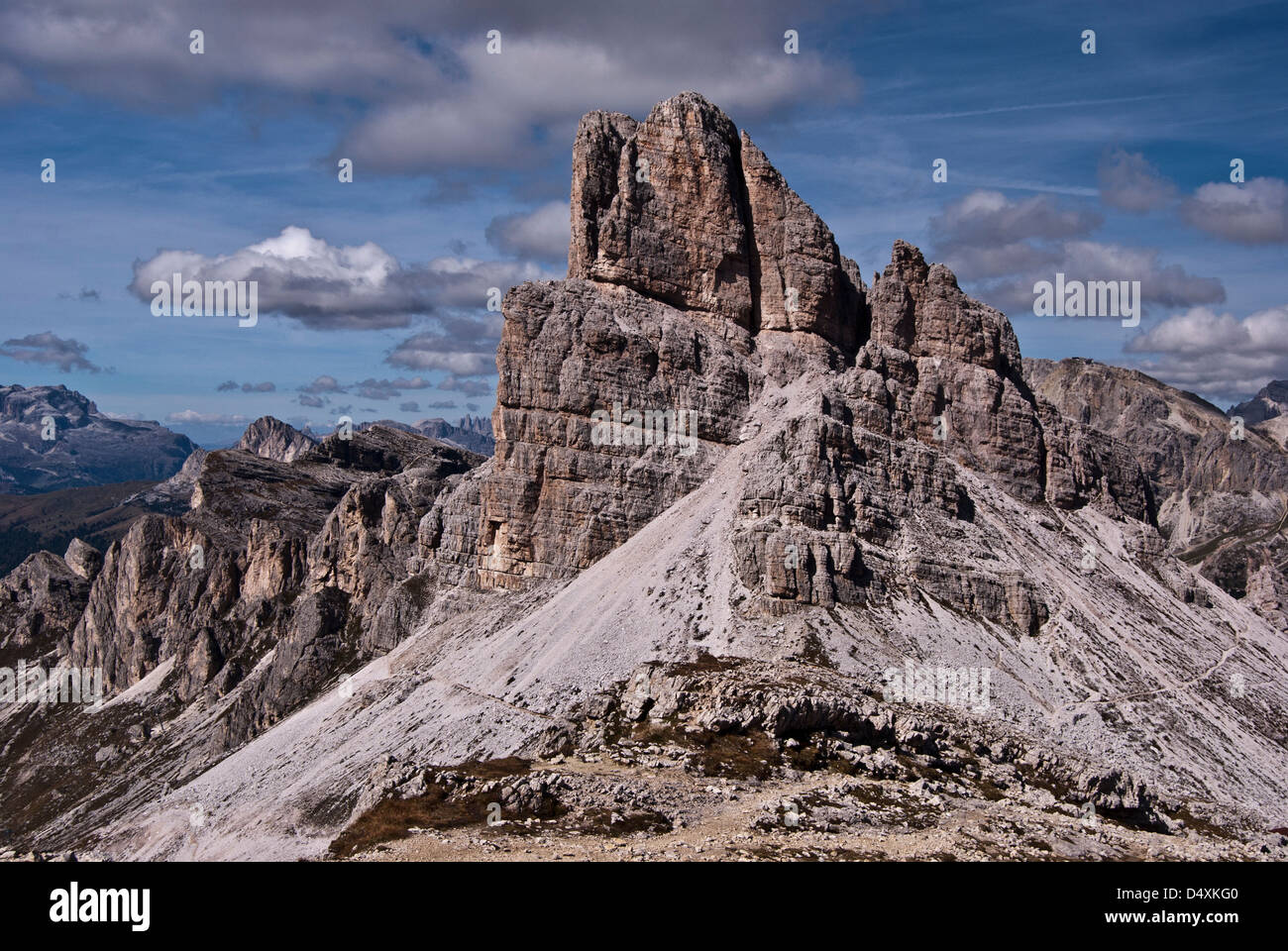 Averau peak in Dolomites near Passo Falzarego and Cortina d´Ampezzo in Italy during nice autumn day with blue sky and few small clouds Stock Photo