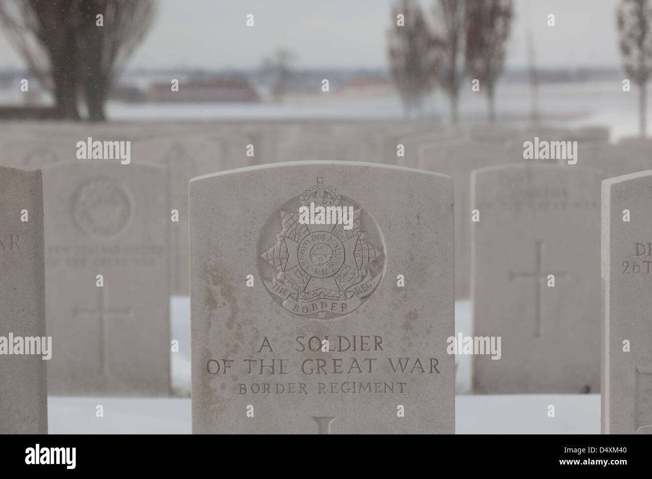 A snow covered Tyne Cot Cemetery Stock Photo