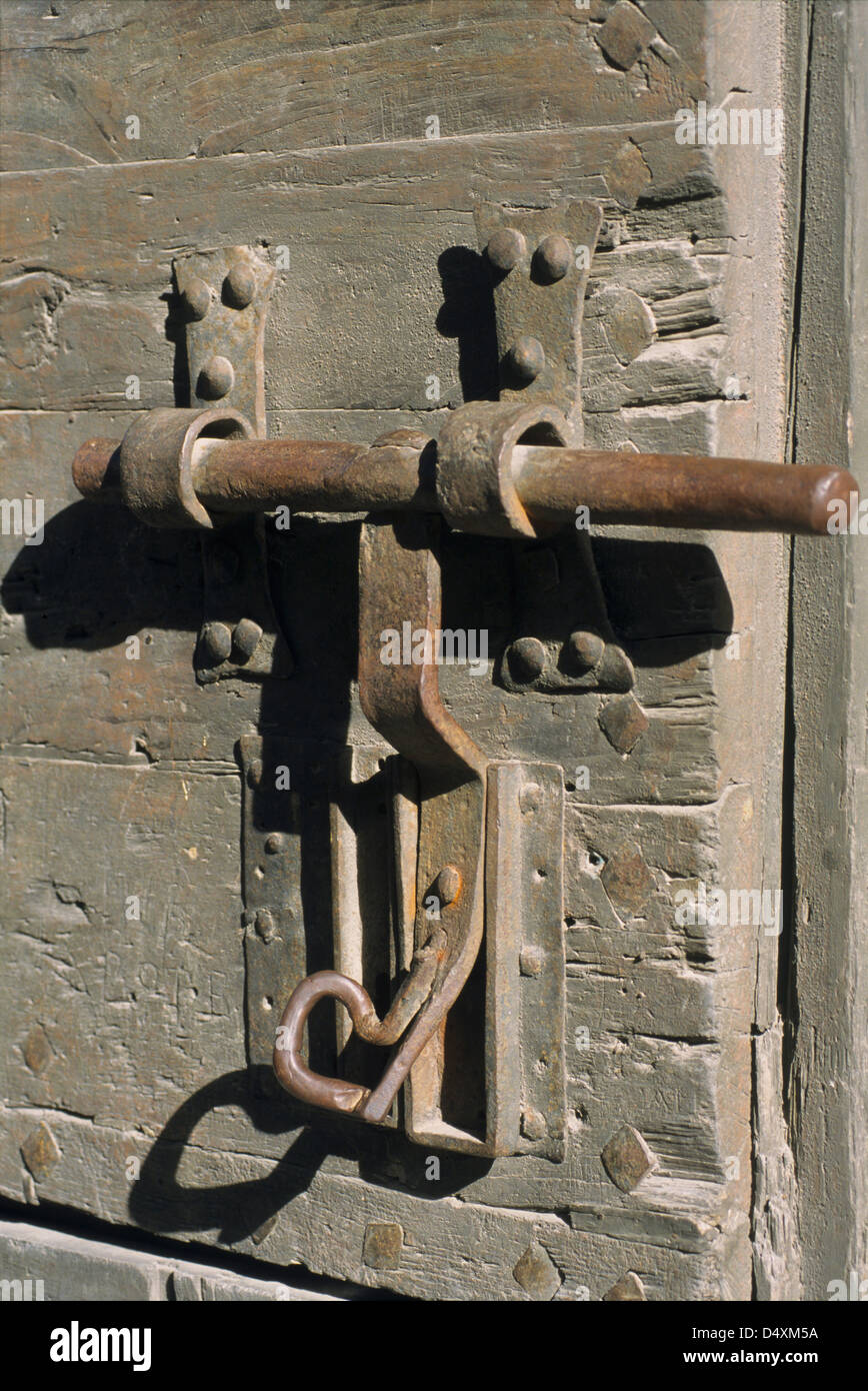 Old lock on old gate's town Porte d'Espagne, Villefranche de Conflent, Eastern Pyrenees, Languedoc-Roussillon, France Stock Photo