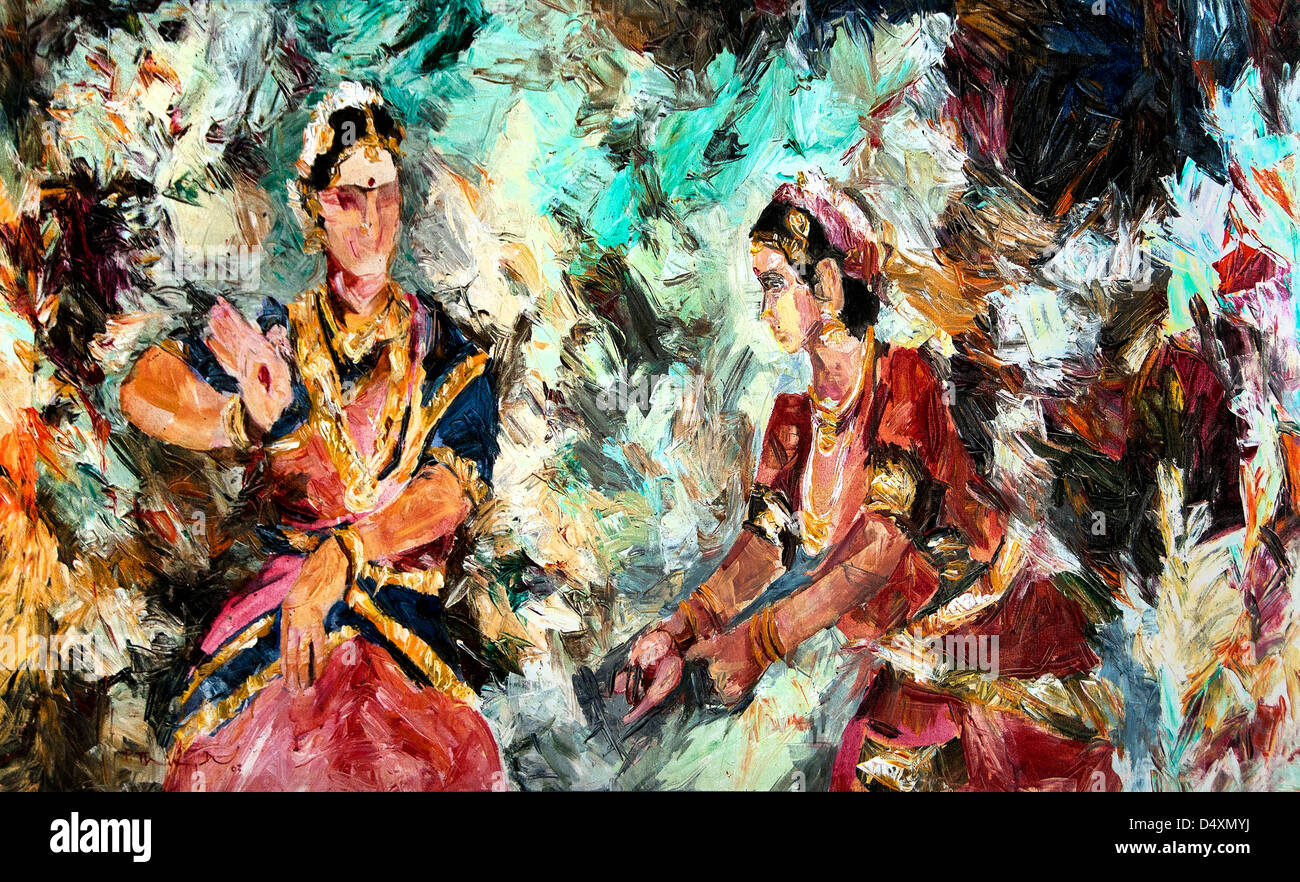 India Indian Art Mumbai Bombay Gallery Painting Music Dancing Women Stock Photo