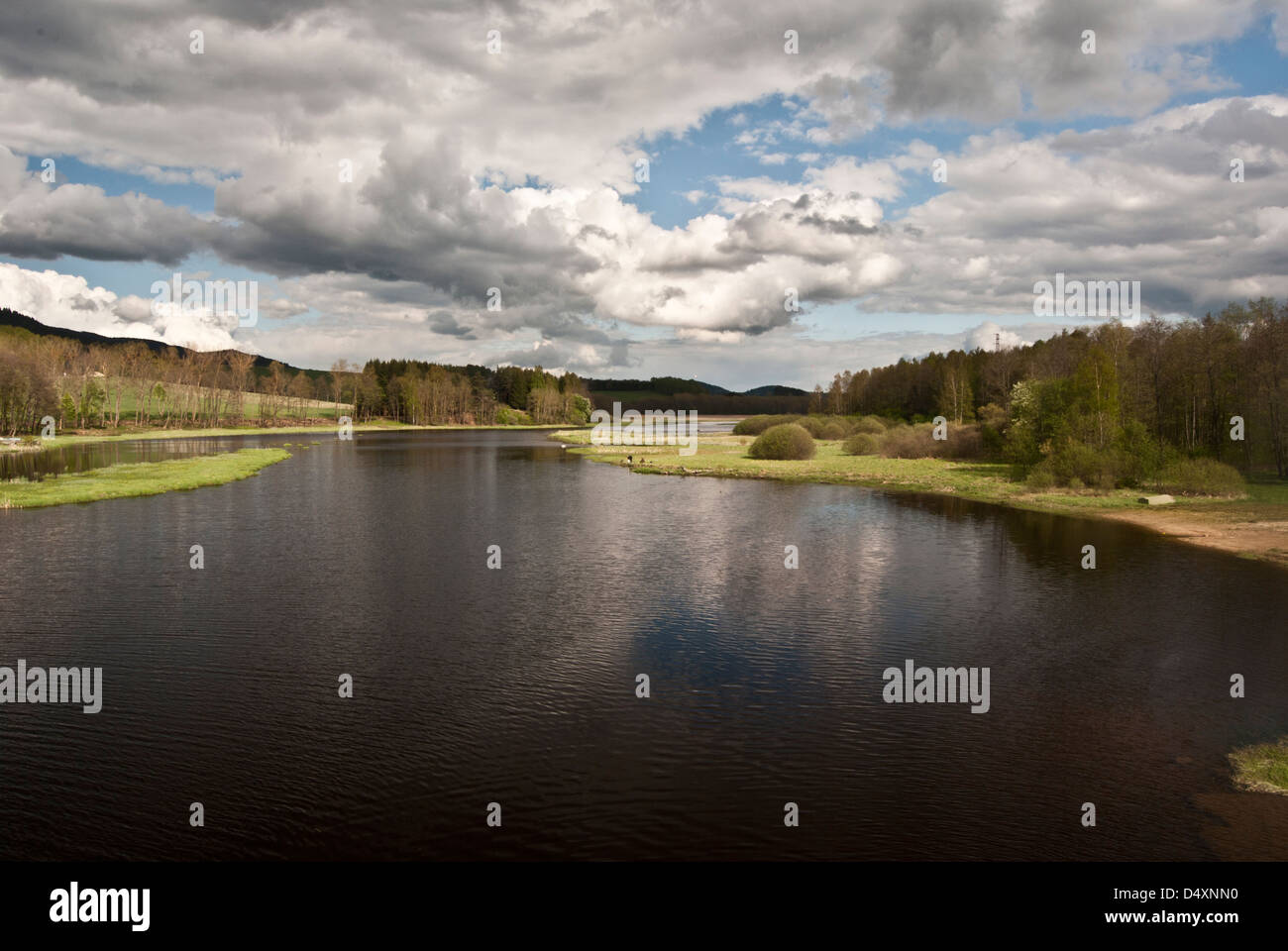 Vltava river near Nova Pec and Lipno dam in Sumava mountains in Czech ...