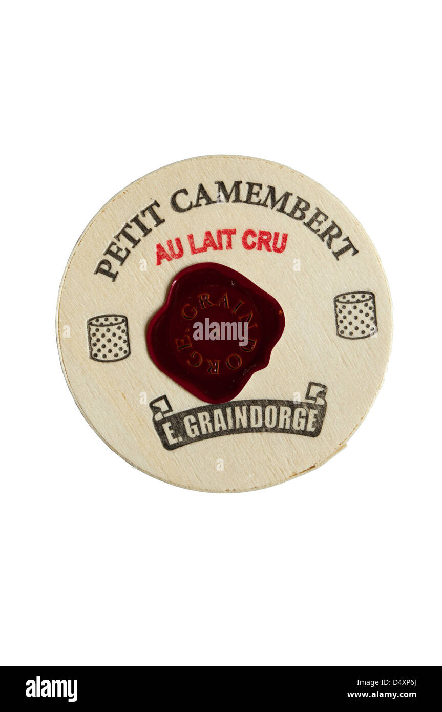 A box of camembert cheese from E Graindorge of Normandy, France. Stock Photo