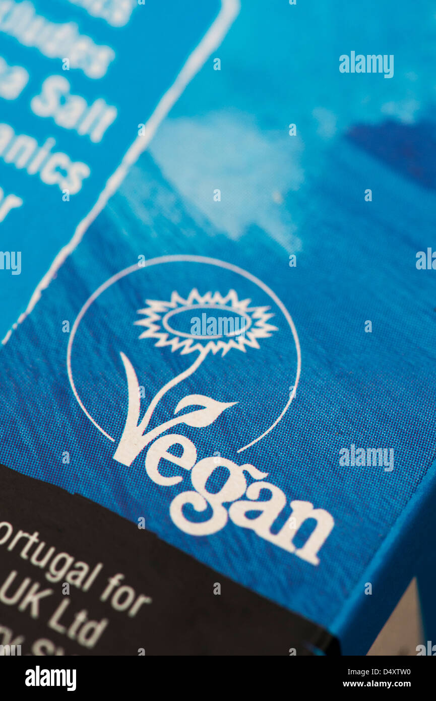 Vegan food label on a packet of salt. UK Stock Photo