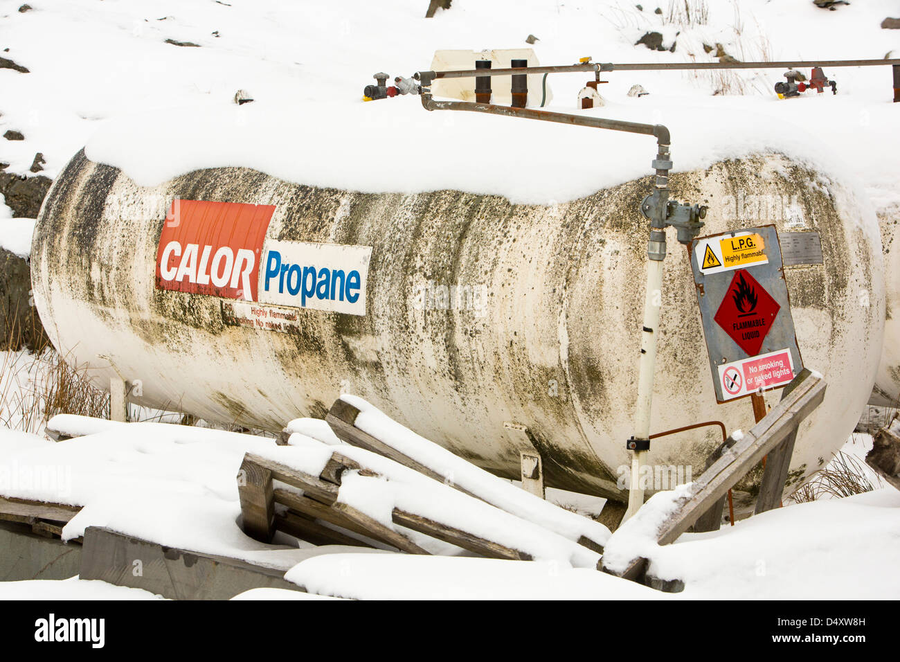 A Calor propane gas tank at the closed Kirkstone slate quarry, Lake District, UK, Stock Photo