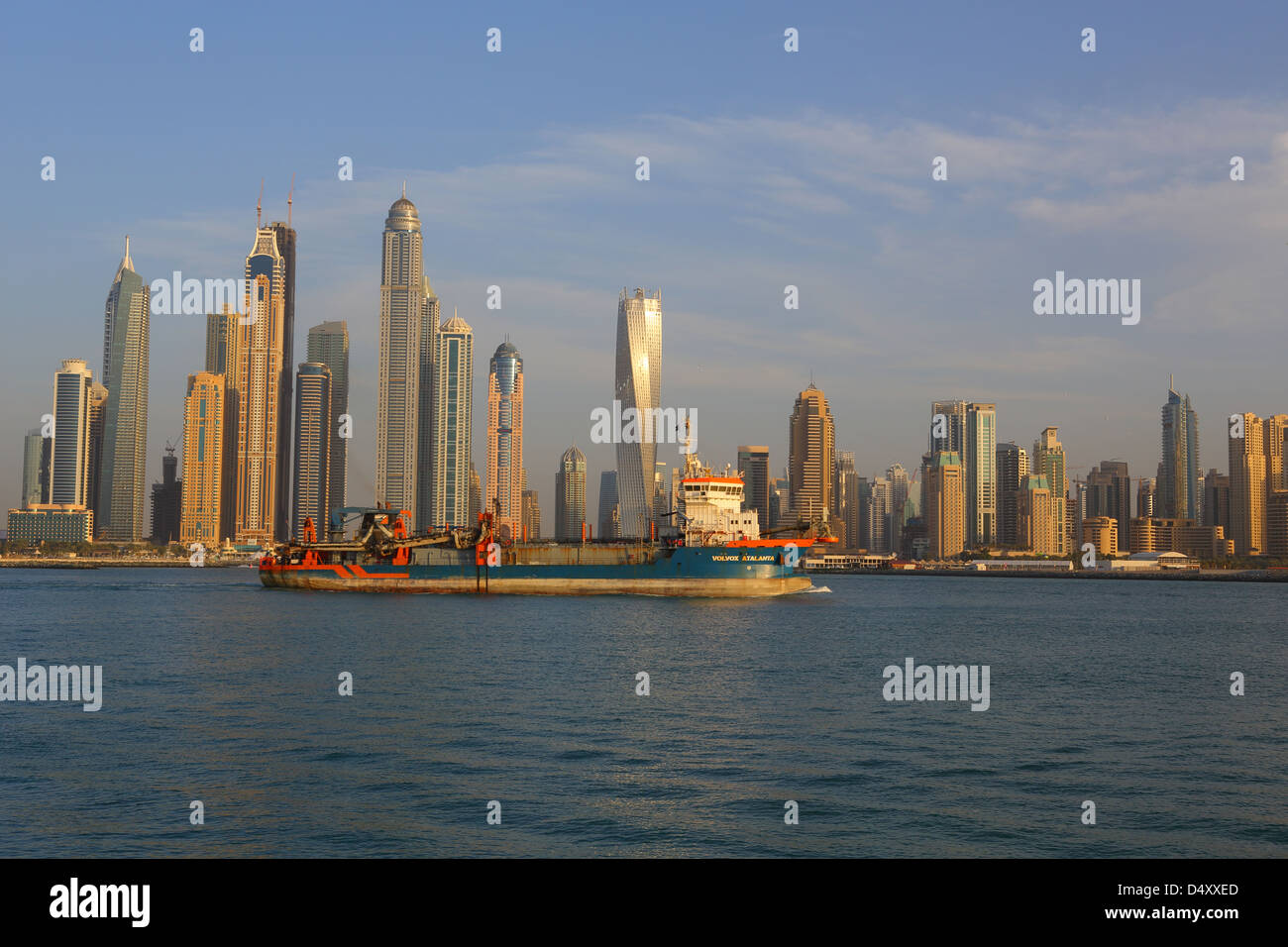 Dubai Marina skyline with ship, United Arab Emirates Stock Photo
