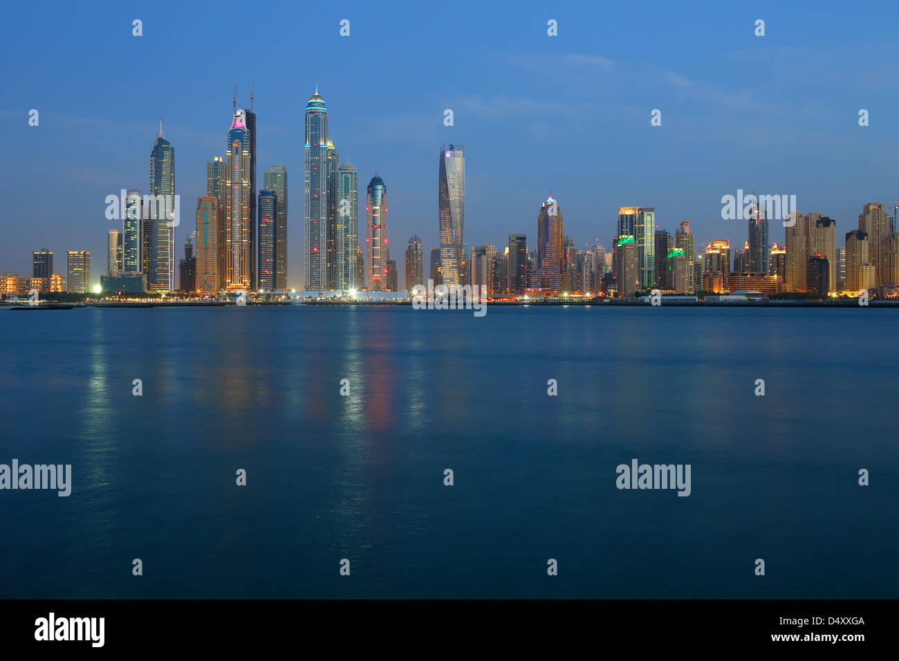 Dubai Marina skyline at dusk, United Arab Emirates Stock Photo
