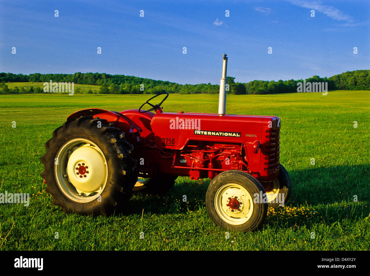 Restored 1955 International B250 antique red tractor close up in Cattaraugus County, New York,
