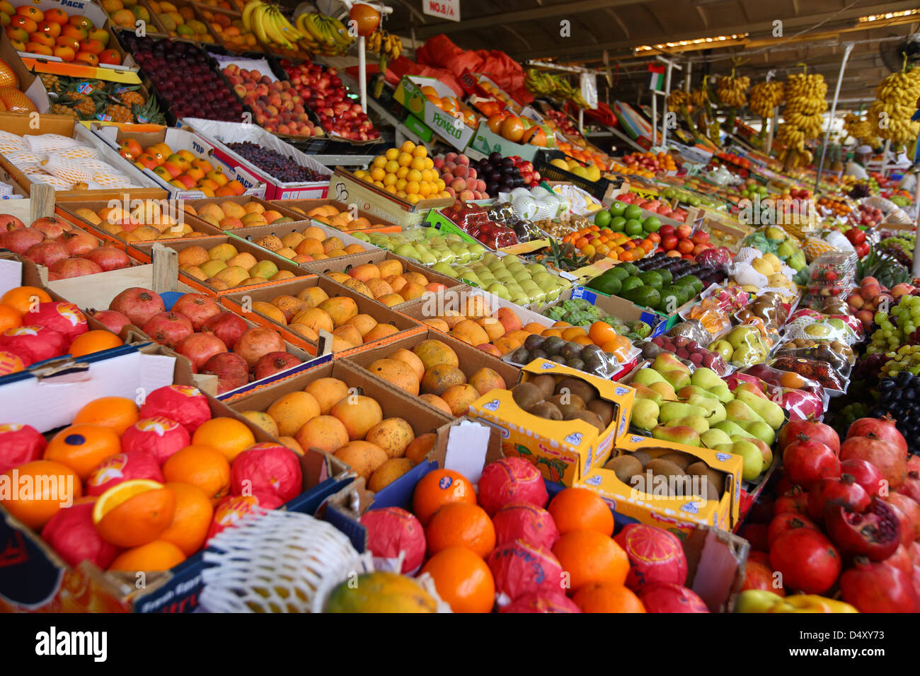 Colorful produce display at market, Dubai, United Arab Emirates Stock Photo