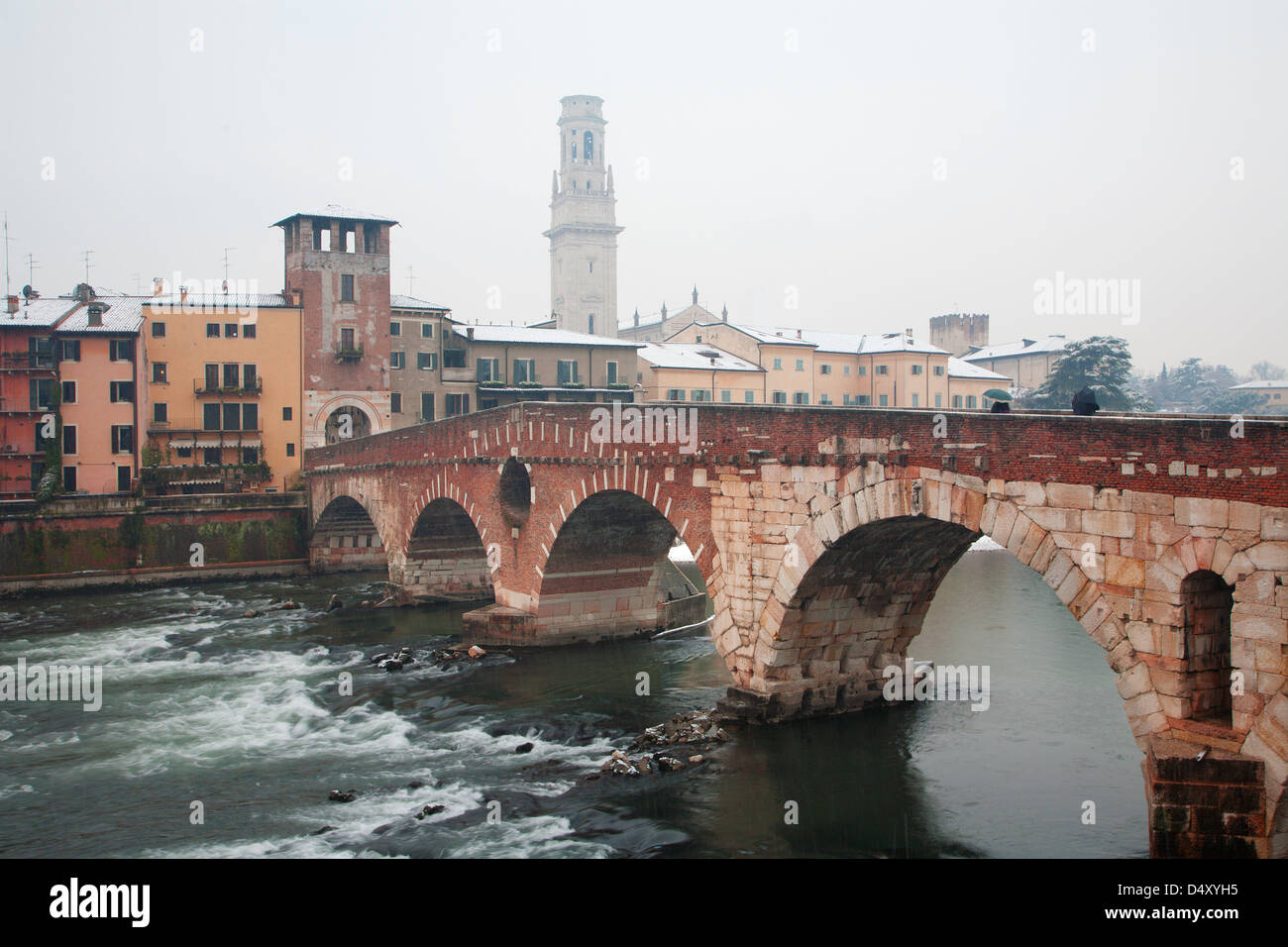 Verona - Pietra bridge - Ponte Pietra and Duomo tower Stock Photo