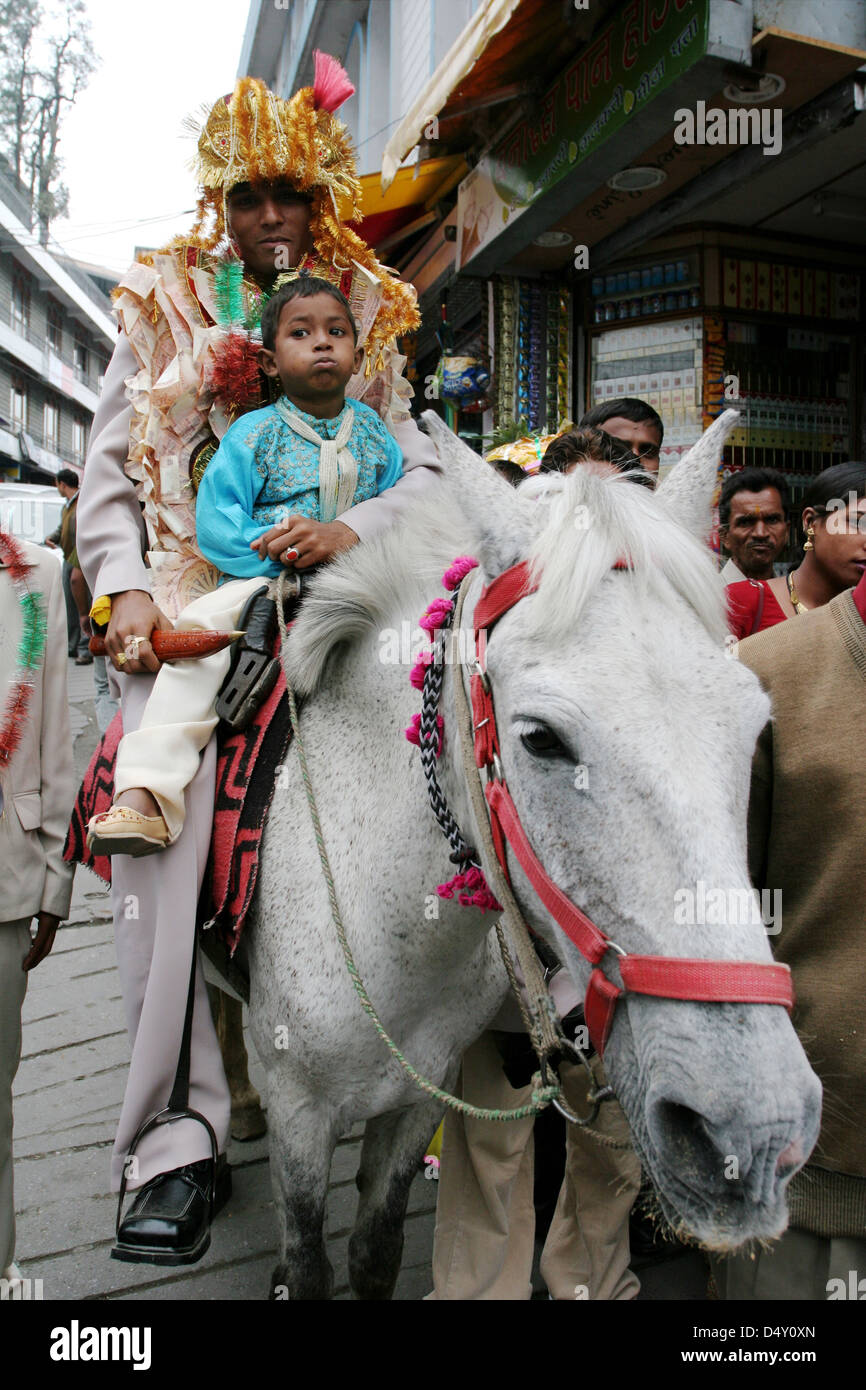 Groom on horseback at wedding procession in Mussoorie. Stock Photo