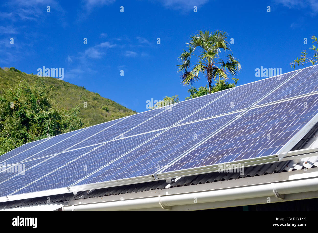 Solar Electric Panels On The Roof Of A Cabin At The Virgin Islands