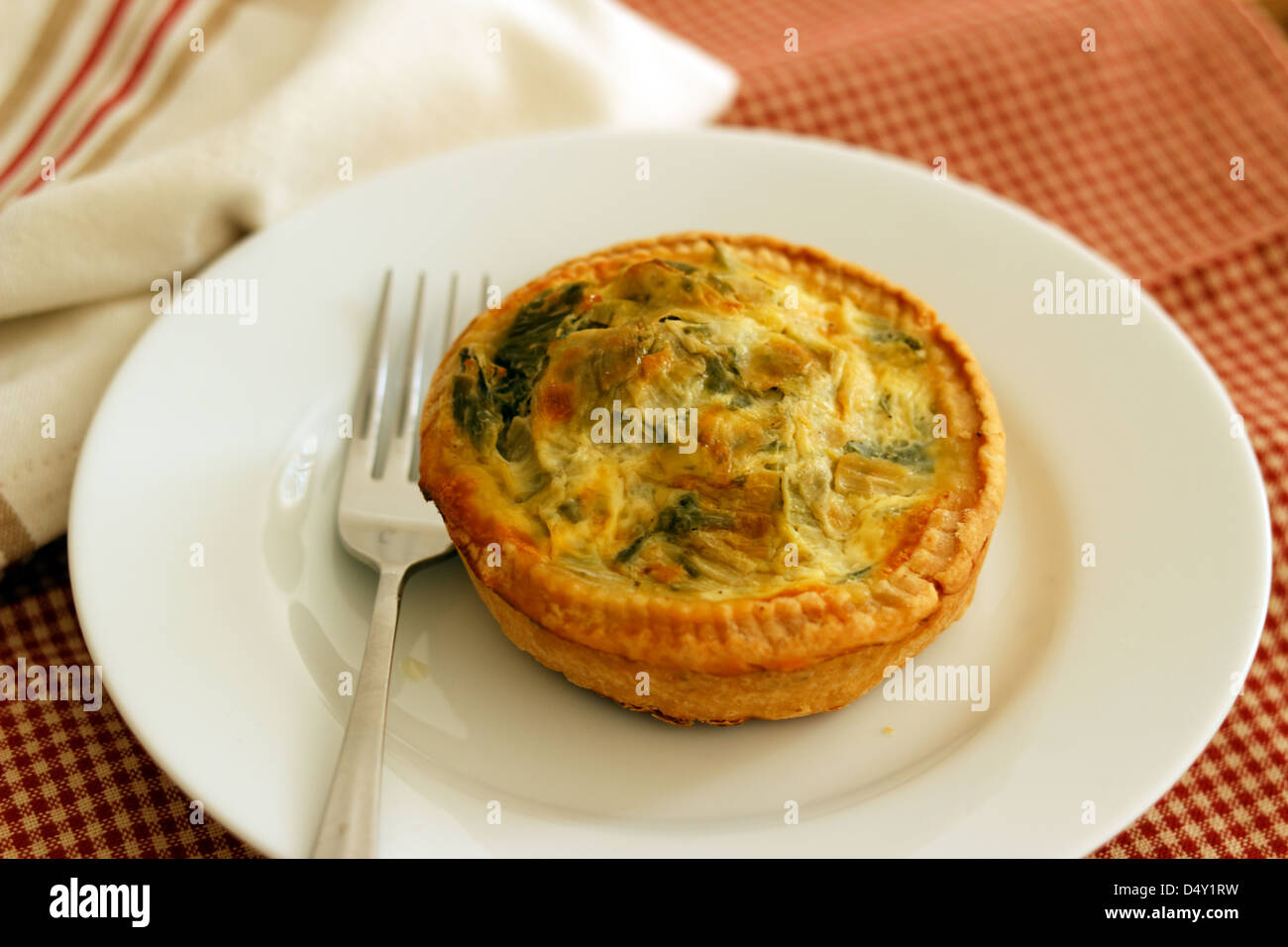 Leek Quiche tart on a white china plate with a fork on a red gingham tablecloth. Stock Photo