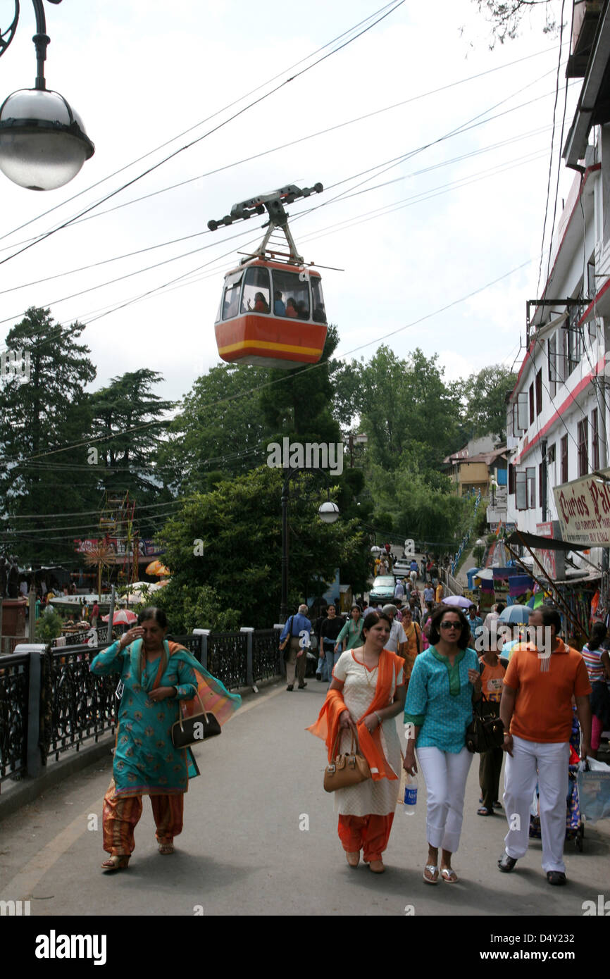 The cable car to Gun Hill crosses Gandhi Chowk in Mussoorie. Stock Photo