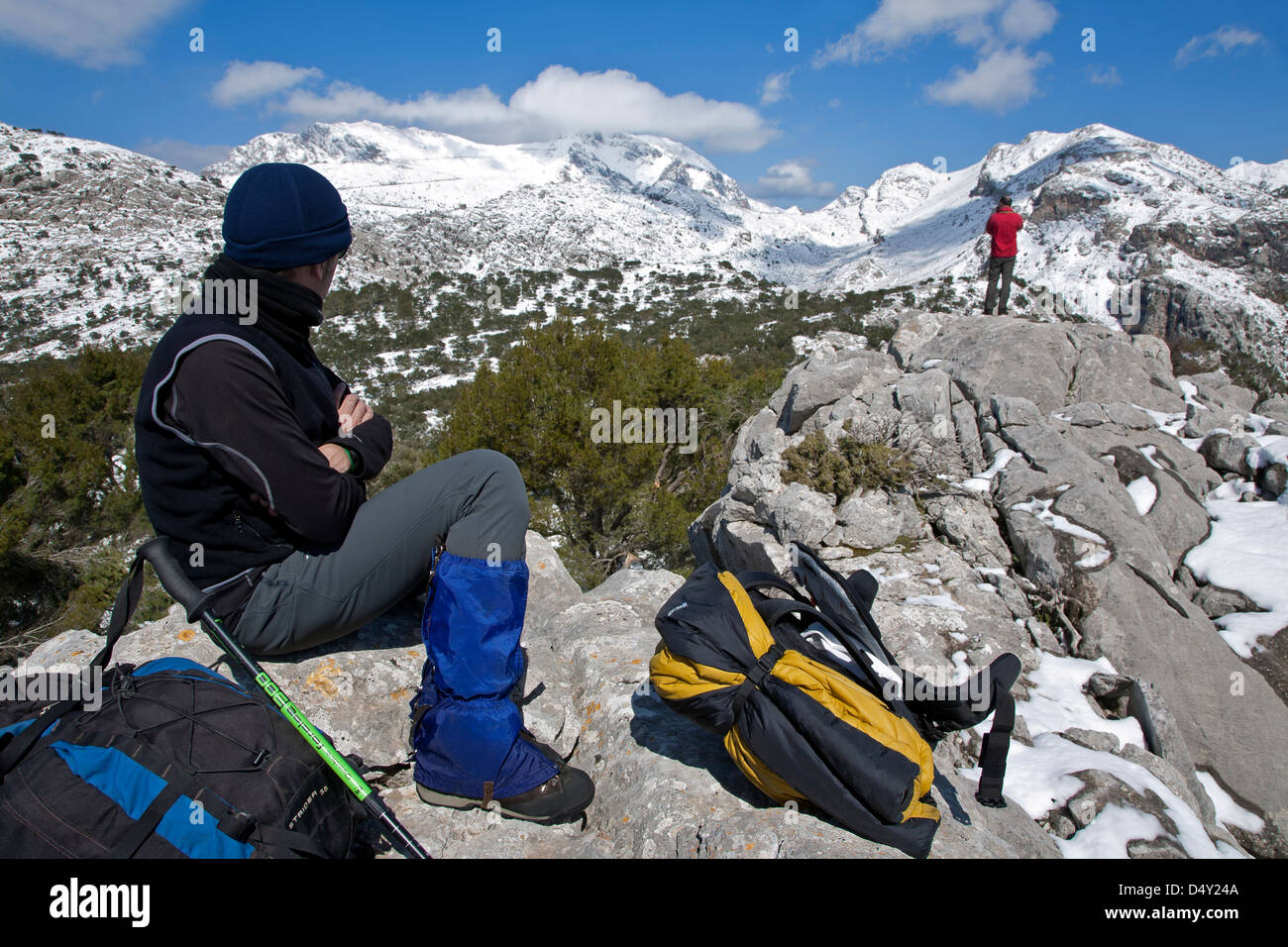 Trekkers having a rest. Tramuntana mountains. Mallorca Island. Spain Stock Photo