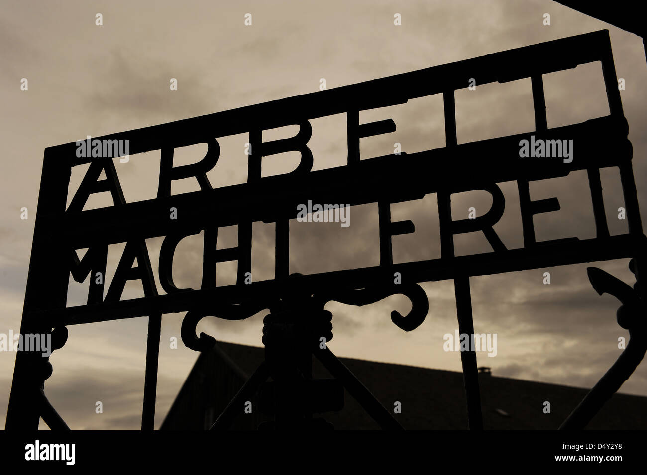 Dachau Concentration Camp. Nazi camp of prisoners opened in 1933. Slogan Arbeit macht frei (Labour makes free). Main door. Stock Photo