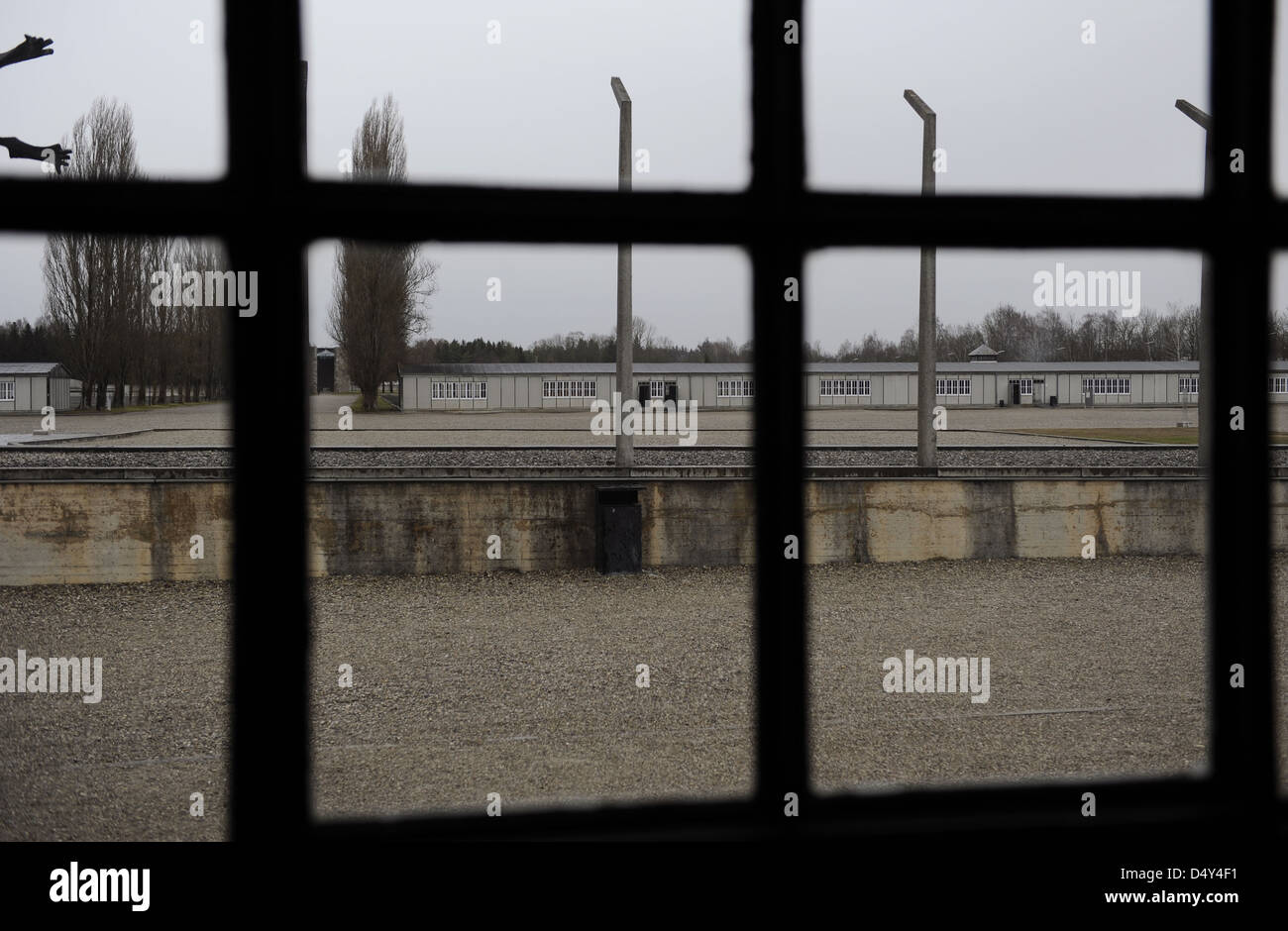 Dachau Concentration Camp. Nazi camp of prisoners opened in 1933. Exterior view from inside a barrack. Germany. Stock Photo