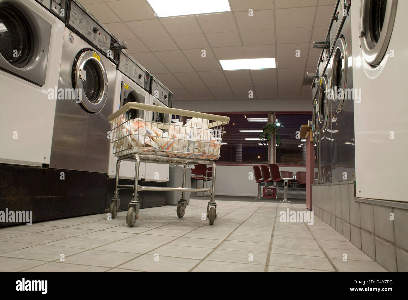 Laundromat in North Adams Massachusetts during a slow evening. Stock Photo