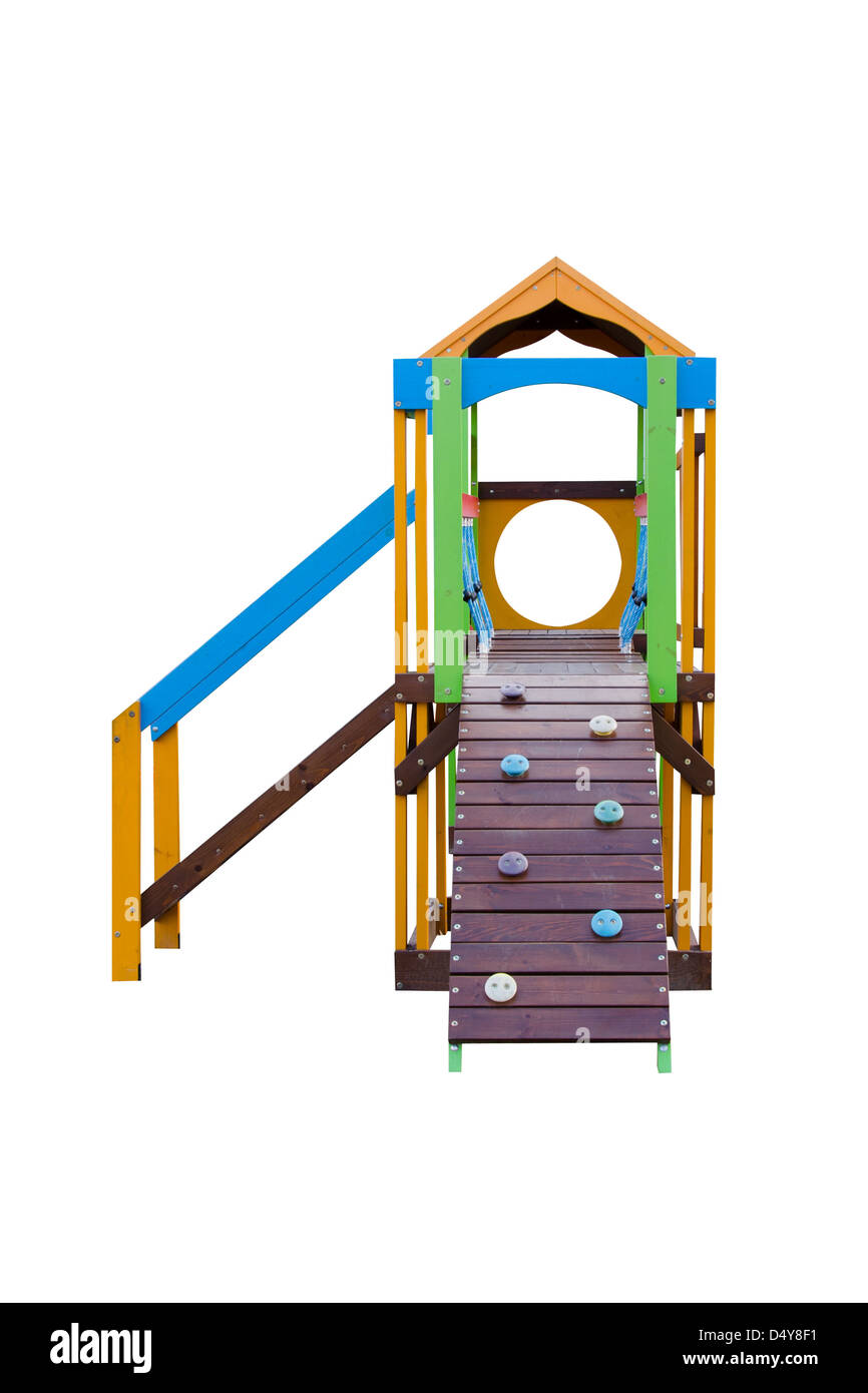 Wooden climbing frame for children isolated with clipping path on white background Stock Photo