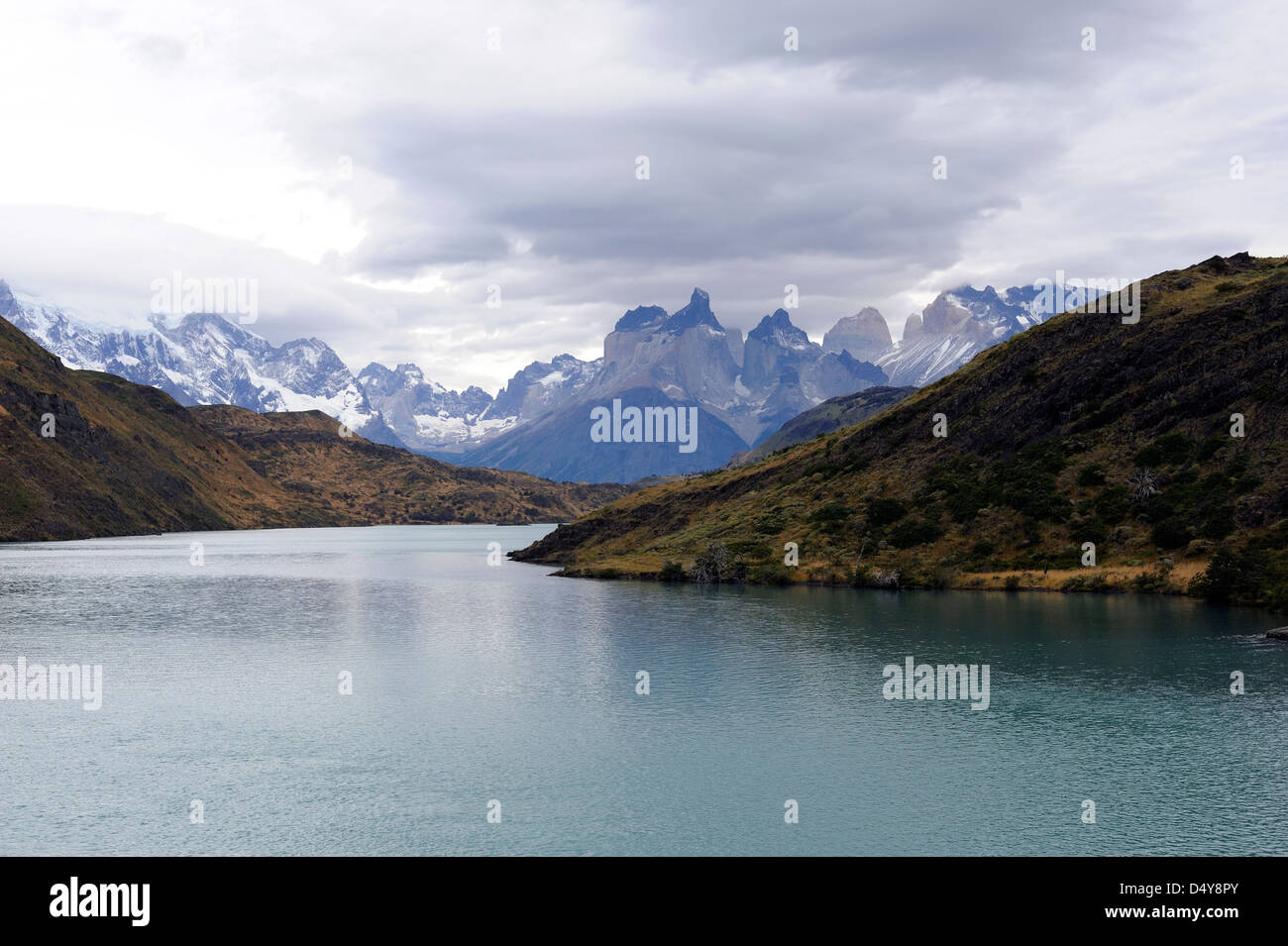 The Torres del Paine Massif looking from the south across Pehoe Lake. Stock Photo