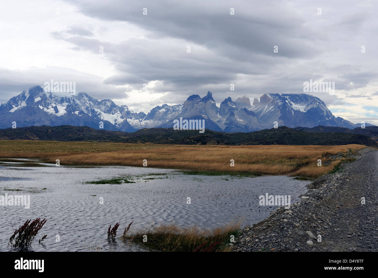 The Torres del Paine Massif looking from the south across Pehoe Lake. Stock Photo