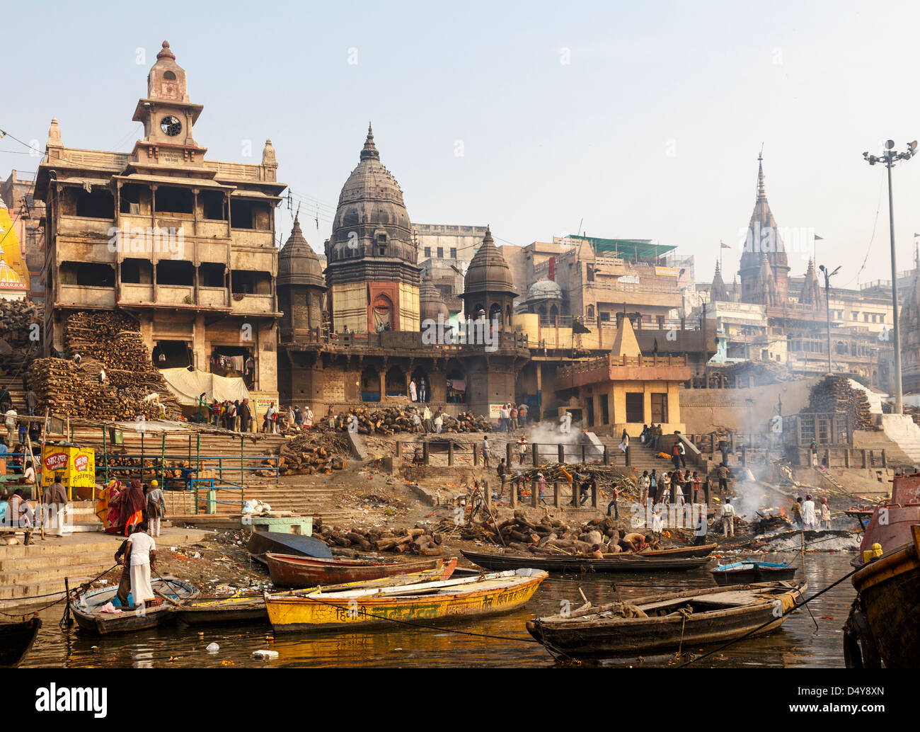Varanasi (Benares), Manikarnika Ghat, is the main cremation ghat where Hindus cremate their dead Stock Photo