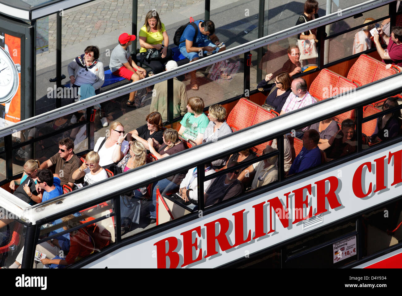 Berlin, Germany, tourists in an open double-decker bus for a city tour Stock Photo