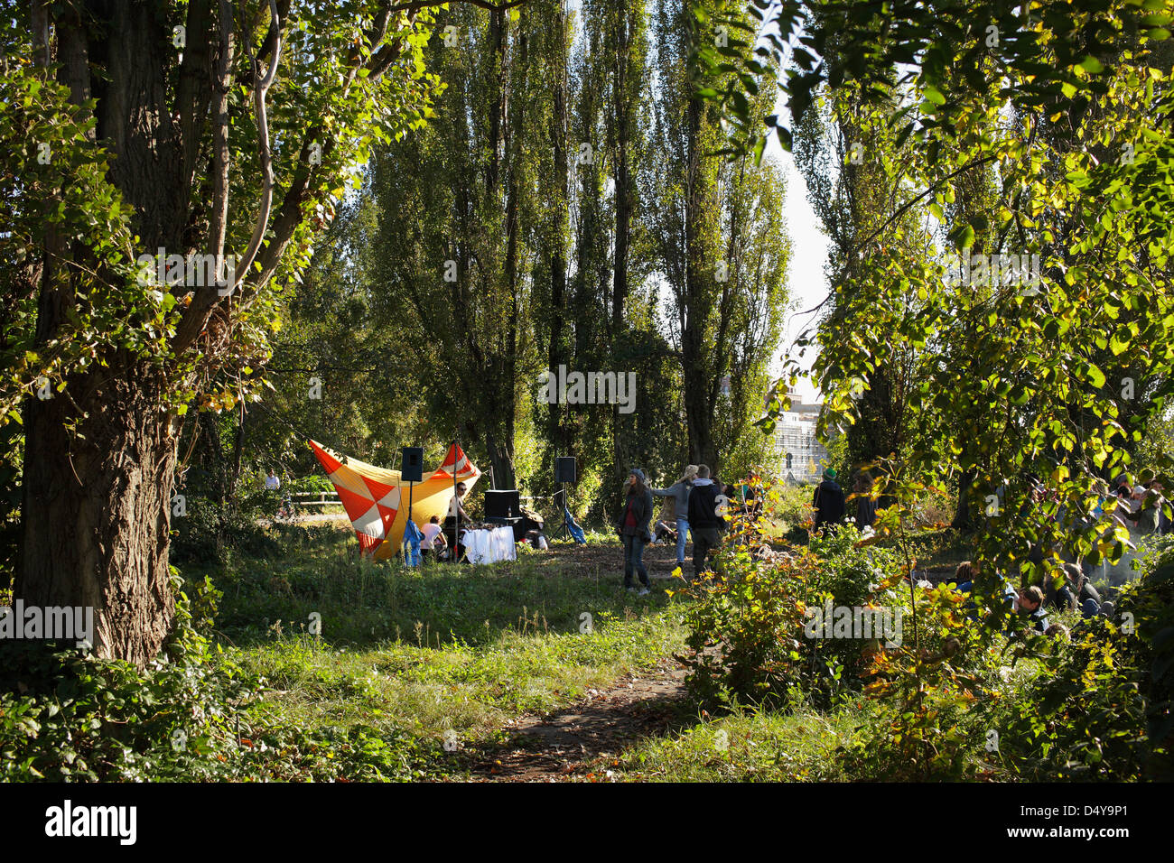 Berlin, Germany, young people having a party on Lake Rummelsburg Stock Photo