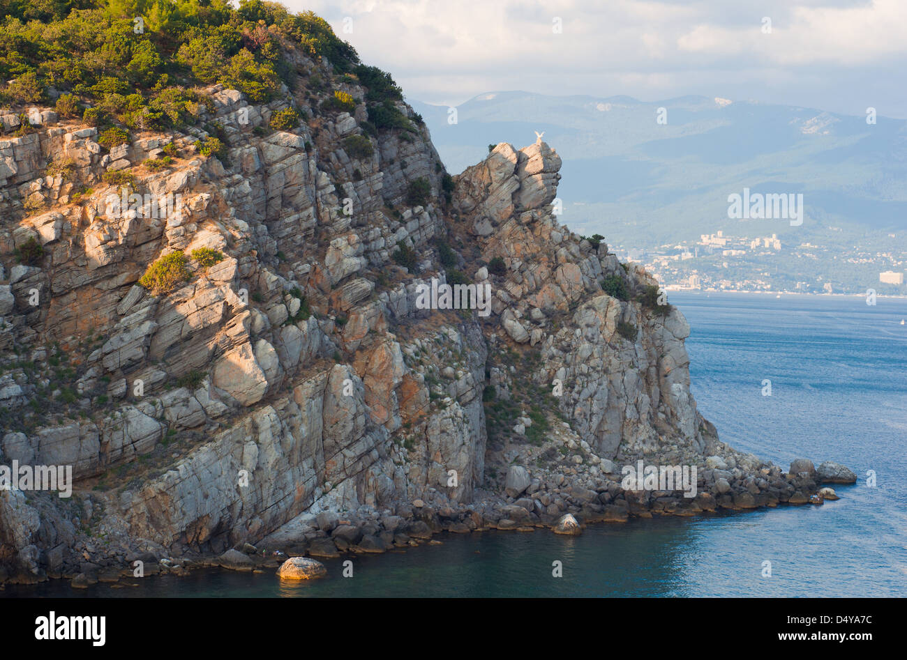 The rock with a stone eagle at top near 'Swallow's nest', the Crimea, Ukraine Stock Photo