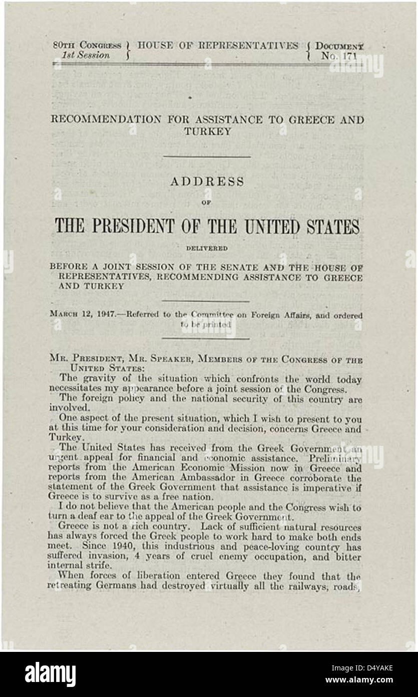Truman Doctrine, 03/12/1947, Page 1 Stock Photo