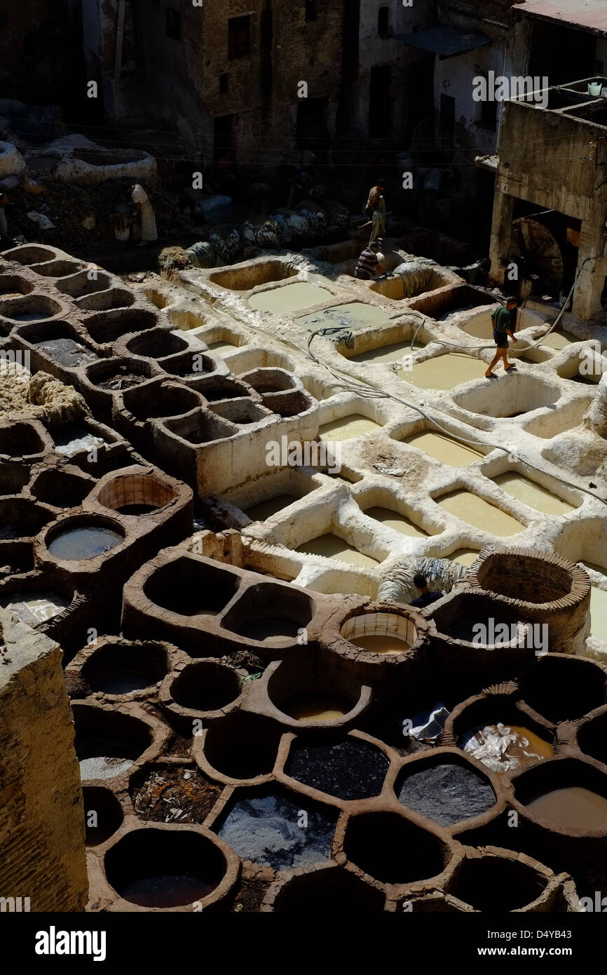 The tannery leather dying works in Fes, Morocco Stock Photo