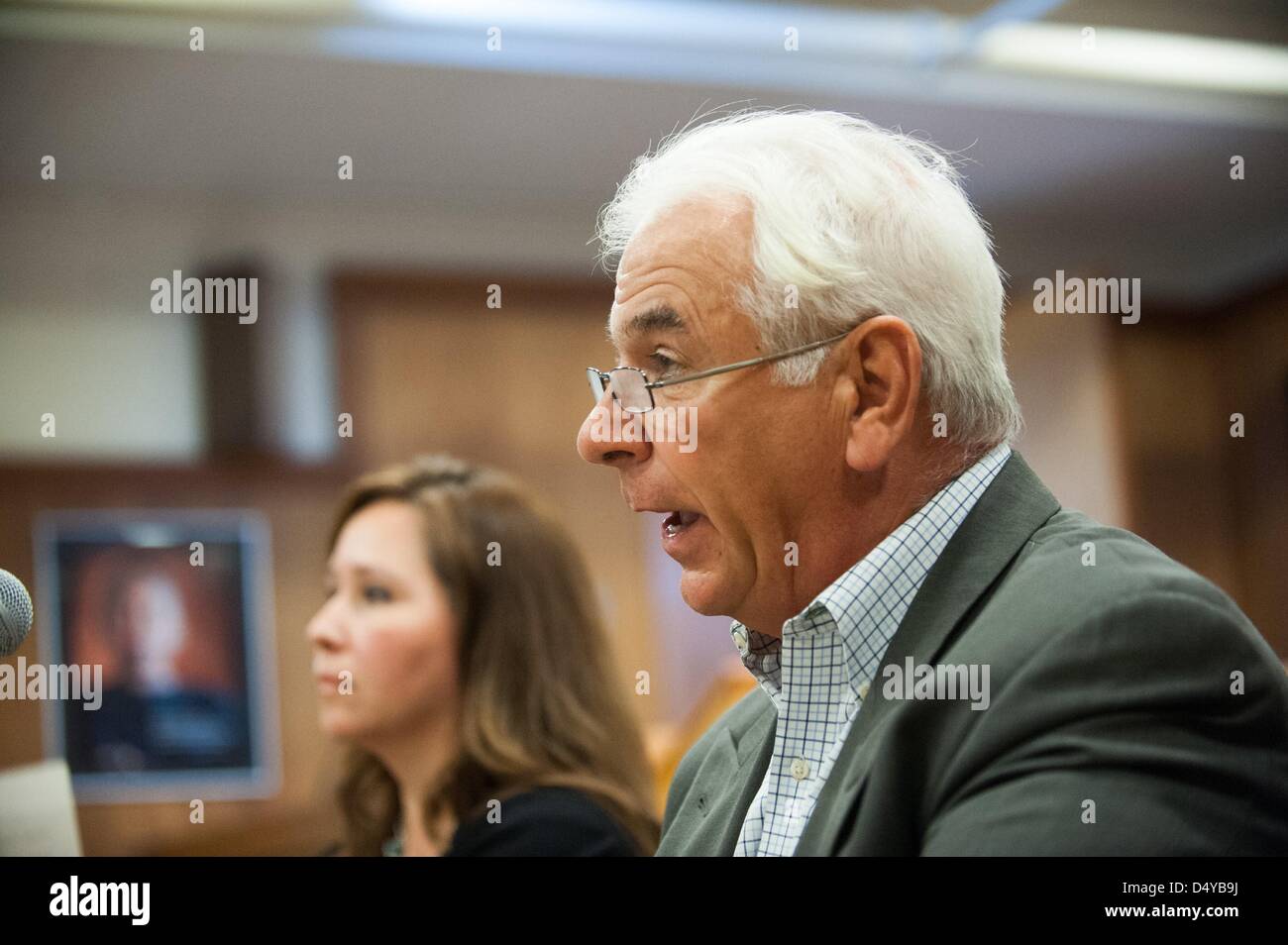 March 20, 2013 - Tucson, Arizona, U.S - Tucson Unified School District board member ADELITA GRIJALVA, left, looks on as TUSD superintendent JOHN PEDICONE, right,  resigned his position at the district's headquarters in Tucson, Ariz., denying that he was forced out by the board.  ''This is not a matter of someone fleeing a place,'' Pedicone said.  Since taking the position in 2010, Pedicone has faced criticism from the community and civil rights groups over his handling of the state's decision to end the district's embattled Mexican-American Studies program.  The district has seen five superint Stock Photo