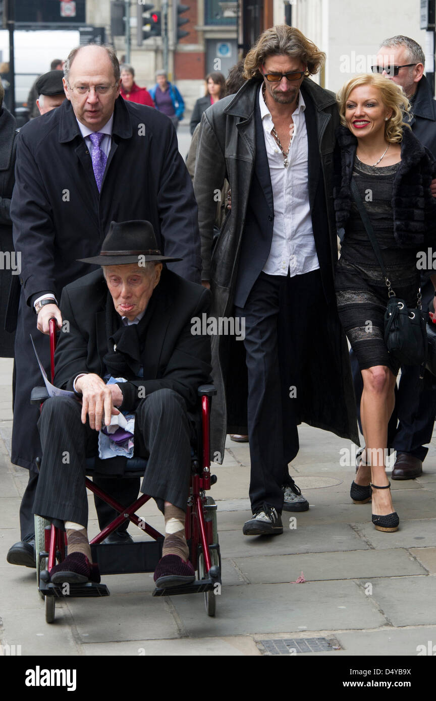 London, UK. 20th March 2013. Ronnie Biggs and Nick Reynolds arrive for the funeral of great train robber, Bruce Reynolds, St Bartholomew The Great, London, Wednesday 20th March, 2013. Credit:  London Entertainment / Alamy Live News Stock Photo