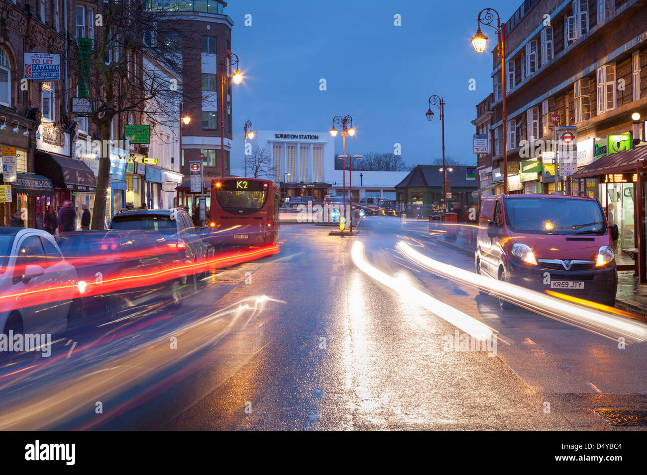 Claremont road and the Surbiton Station at night,Surbiton,England Stock