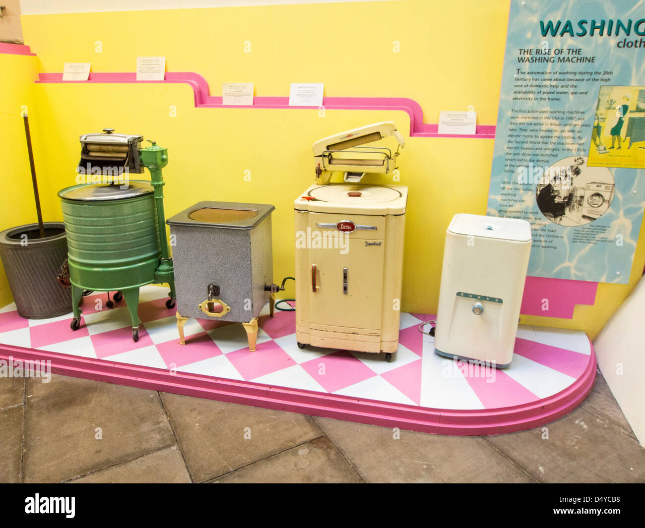 Old washing machines in the old sewage pumping station museum in Leicester, UK. Stock Photo