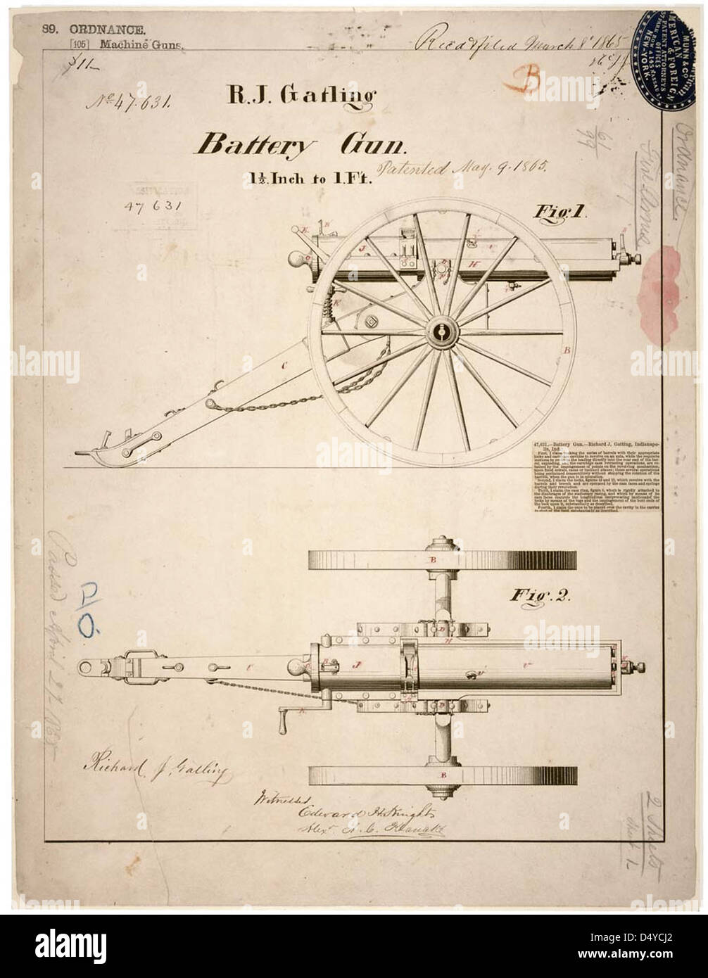 This drawing, dated May 9, 1865, illustrates the Gatling Gun, one of the first successful machine guns invented by Richard J. Gatling. The firearm revolutionized warfare with its rapid-fire capabilities. Stock Photo