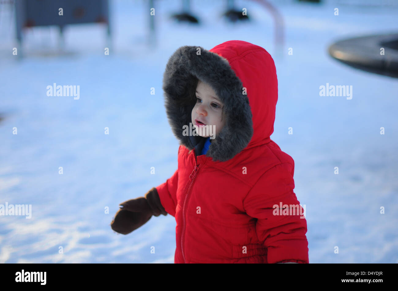 15 month old toddler walking in the snow for the first time. Stock Photo