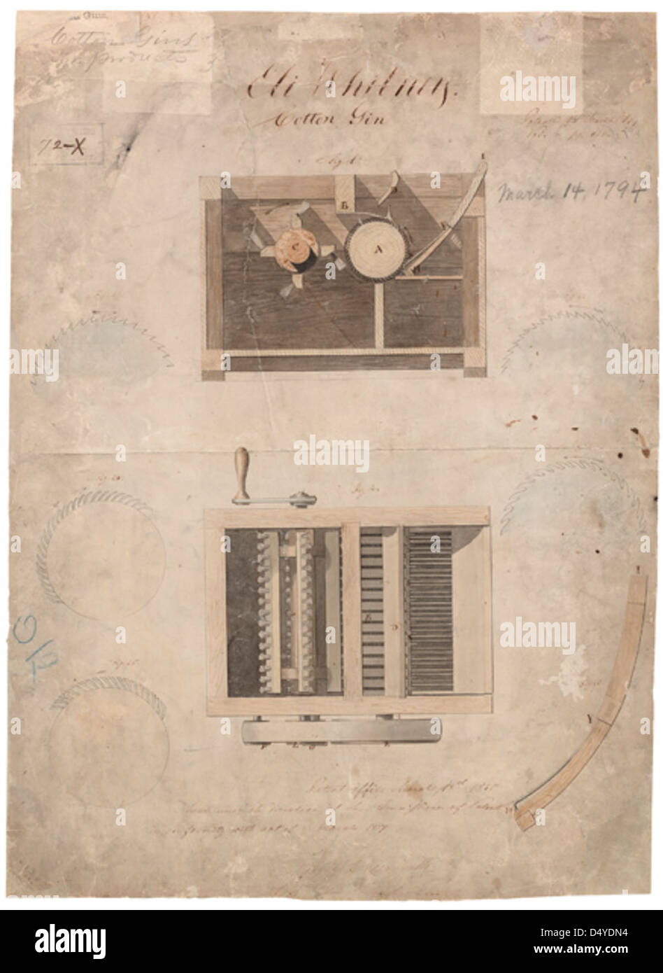 Eli Whitney's Cotton Gin Patent Drawing, 03/14/1794 Stock Photo