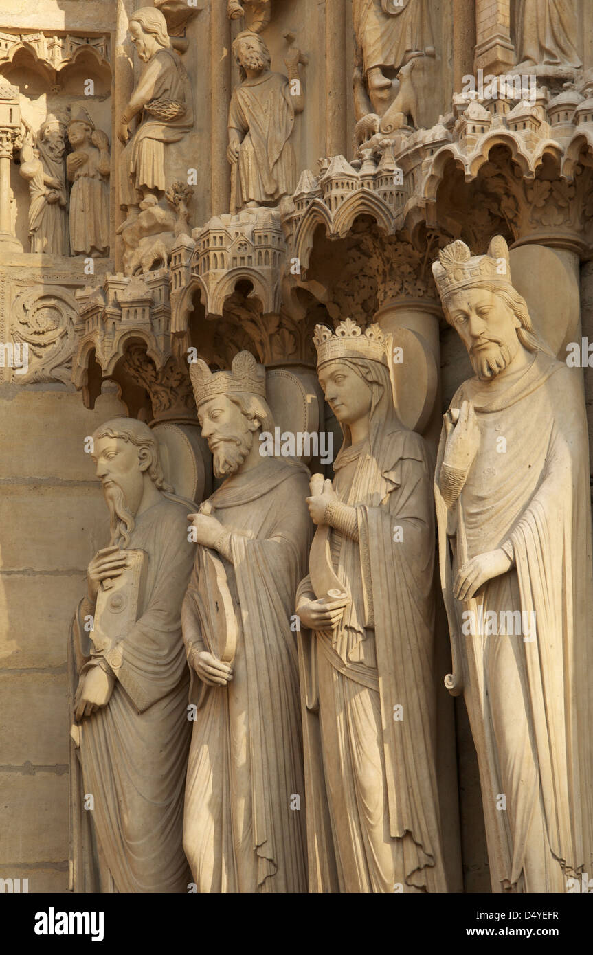 French Gothic. Statues on the West Front of Notre Dame Cathedral. They