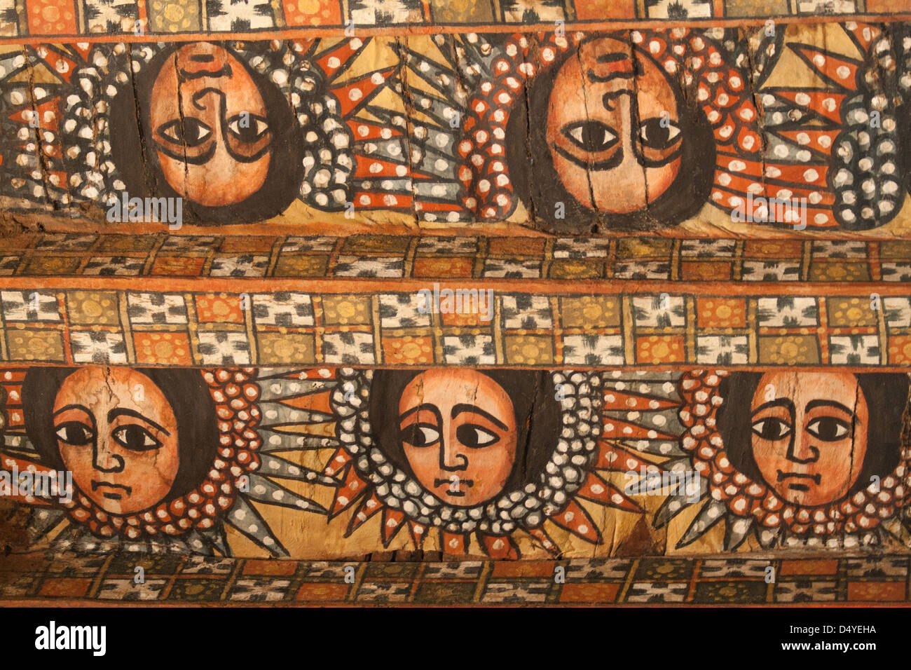 Angels painted in the Ethiopian Orthodox style, adorn the ceiling of Debre Berhan Selaisse
