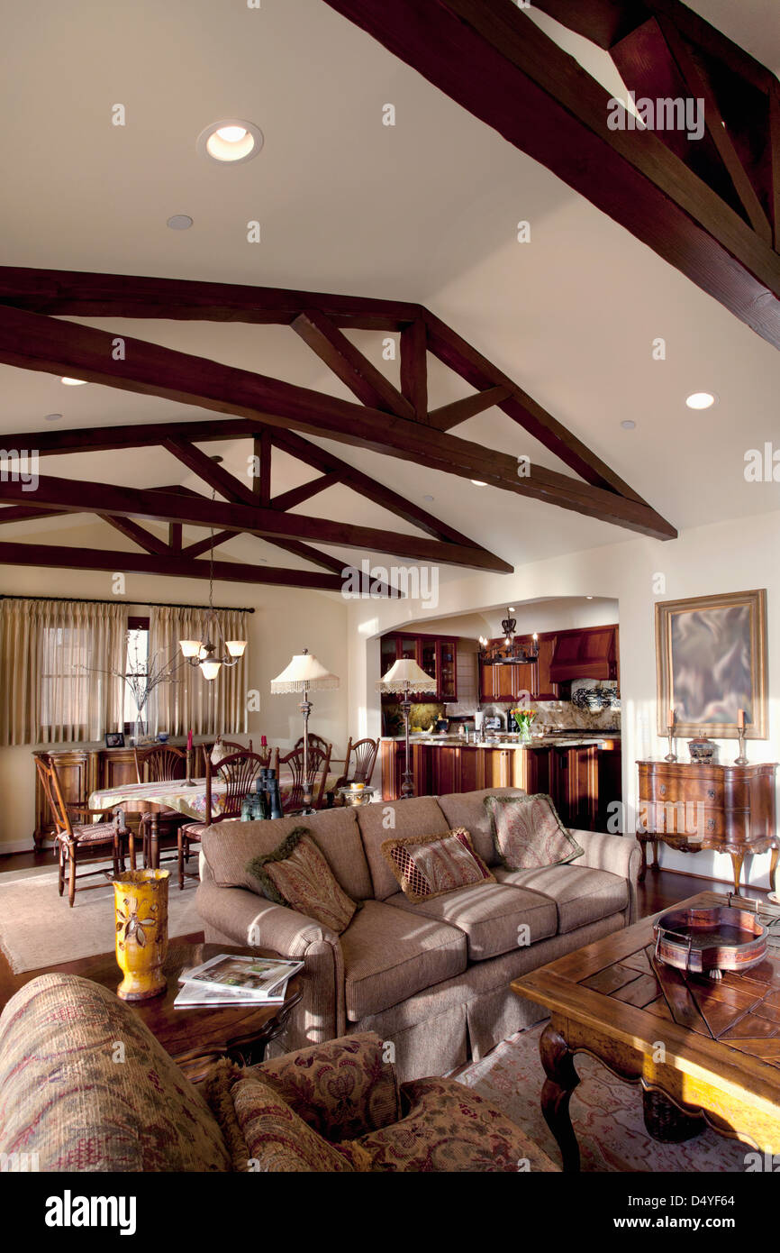 Wooden ceiling beams in great room, Laguna Beach, California, USA Stock Photo