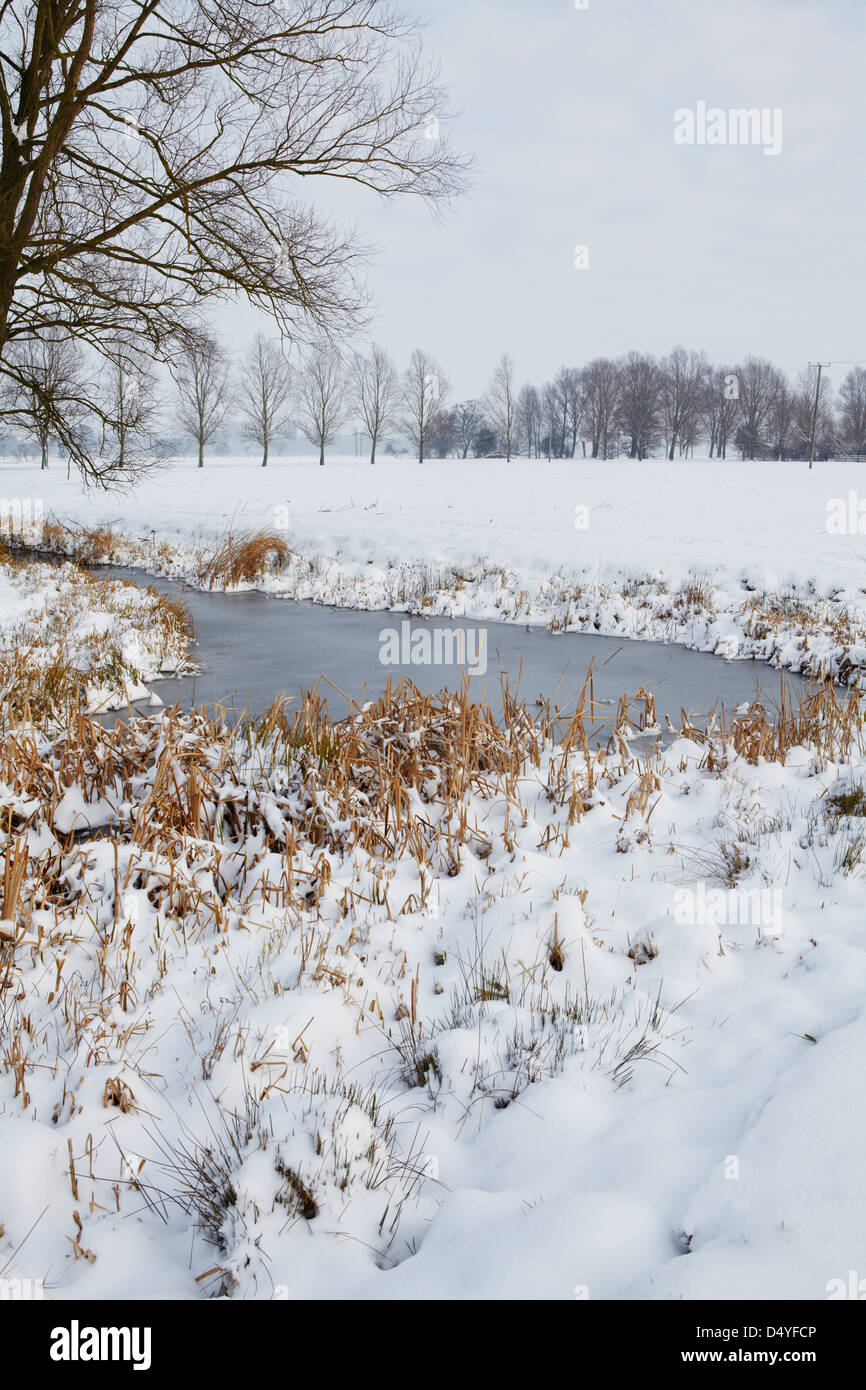 Frozen drainage dyke and snowy marshland in Norfolk Stock Photo