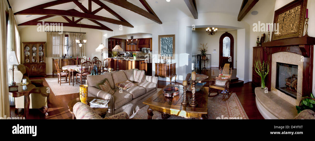 Panoramic shot of great room in traditional home, Laguna Beach, California, USA Stock Photo