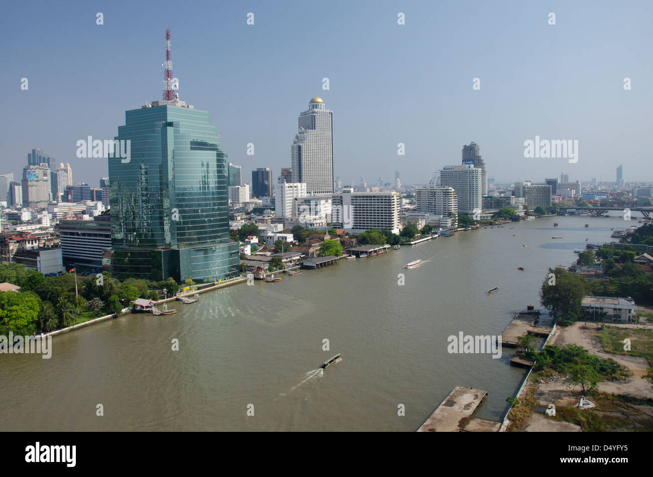Thailand, Bangkok. Downtown Bangkok skyline view with Chao Phraya river. Stock Photo