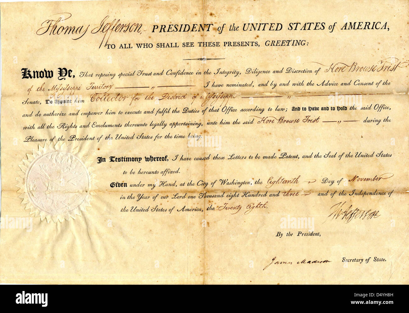 Presidential Appointment of Hore Browse Trist as Collector for the District of Mississippi, 11/18/1803 Stock Photo