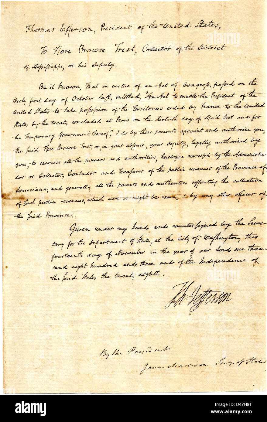 Letter from Thomas Jefferson to Hore Browse Trist as Collector for the District of Mississippi, 11/14/1803 Stock Photo