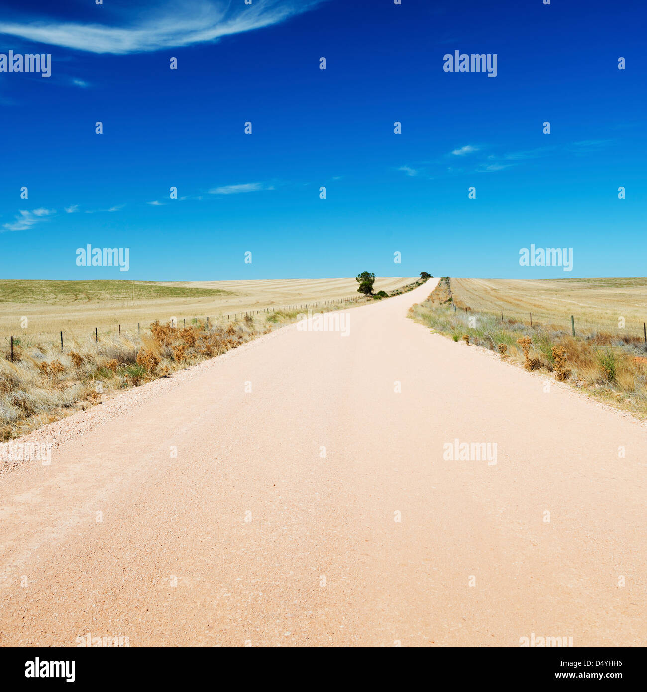 Dirt road in country Australia stretches into the distance under a blue sky Stock Photo