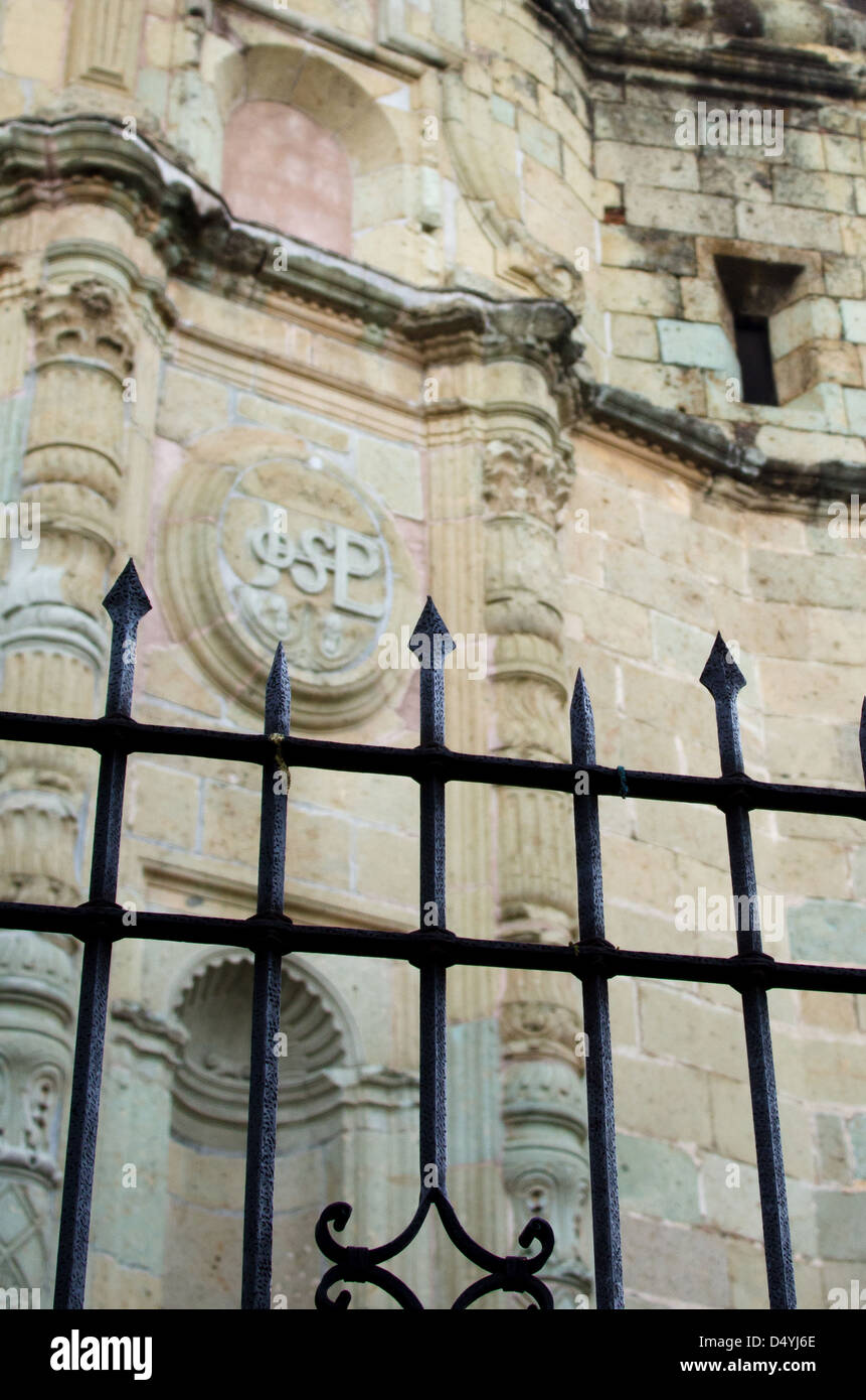 A cast-iron fence surrounds the church of the Compania de Jesus, which stands near the Zocalo of Oaxaca, Mexico. Stock Photo
