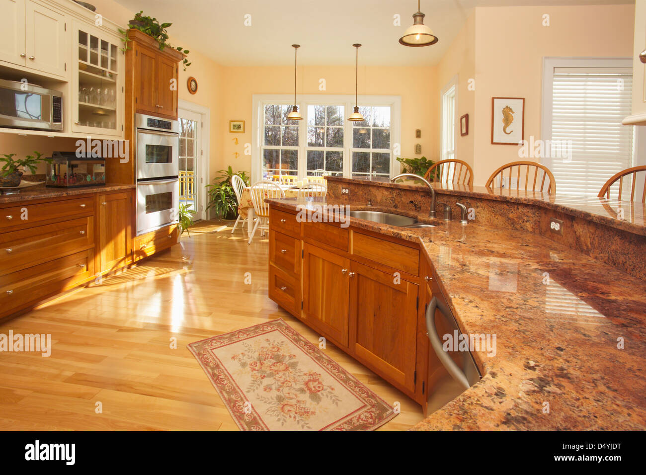 Granite countertop in domestic kitchen with hardwood flooring Stock Photo