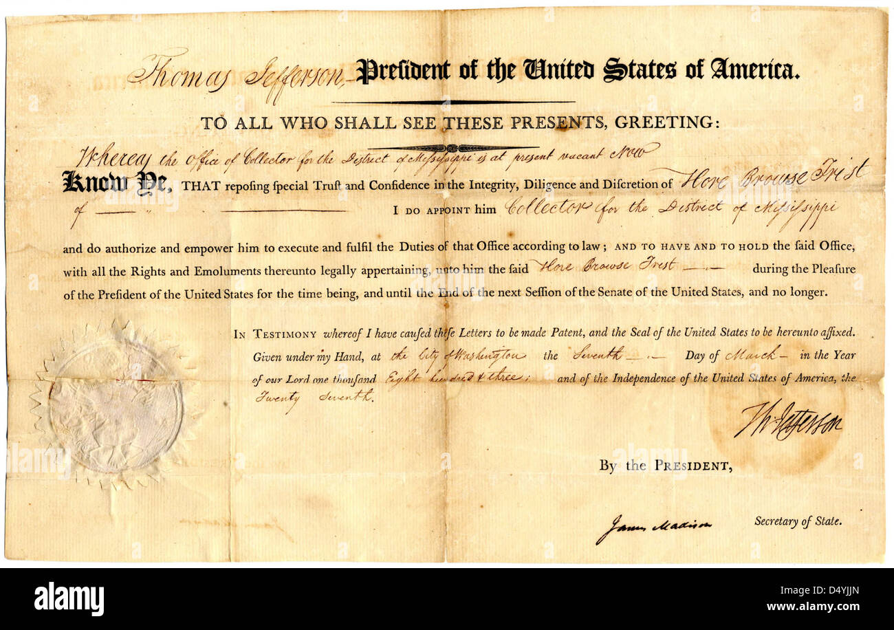 Presidential Appointment of Hore Browse Trist as Collector for the District of Mississippi, 03/07/1803 Stock Photo